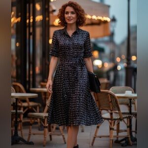 Kate Hill Black & Purple Squares & Circles print A line shirt dress Midi size 6